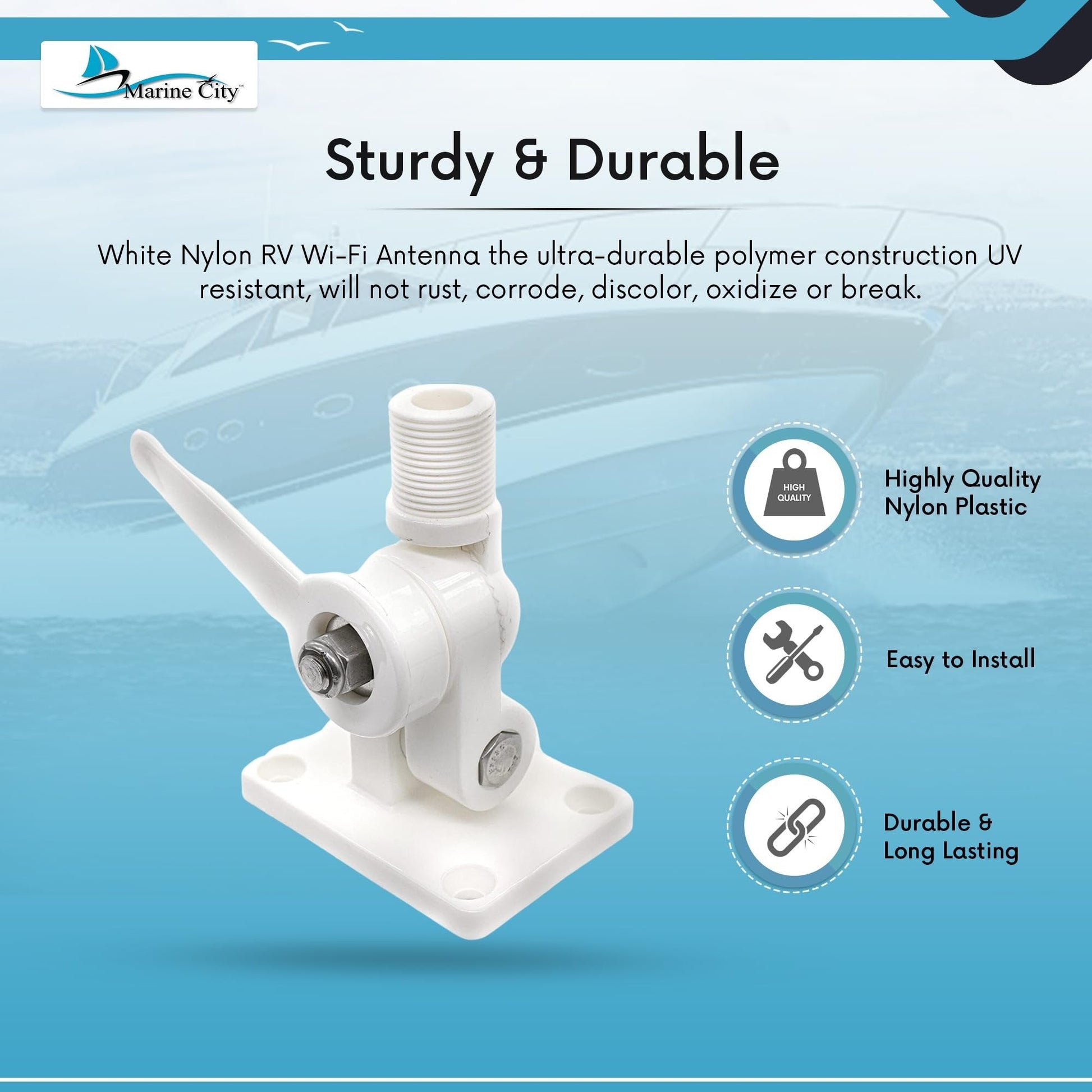 Marine City White Nylon Antenna Mount Heavy-Duty 1"-14 Thread Base, UV-Resistant Marine City