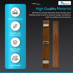 Marine City Base de teca de acero inoxidable 316, soporte de pared plegable con resorte, 4 ganchos para abrigo, sombrero, toalla