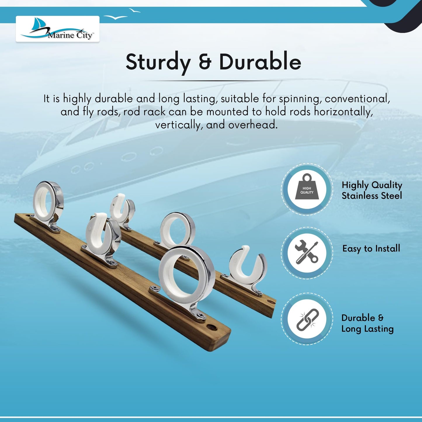 Marine City 3-Rod Reel Fishing Rod Storage Hanger Rack – 316 Stainless Steel