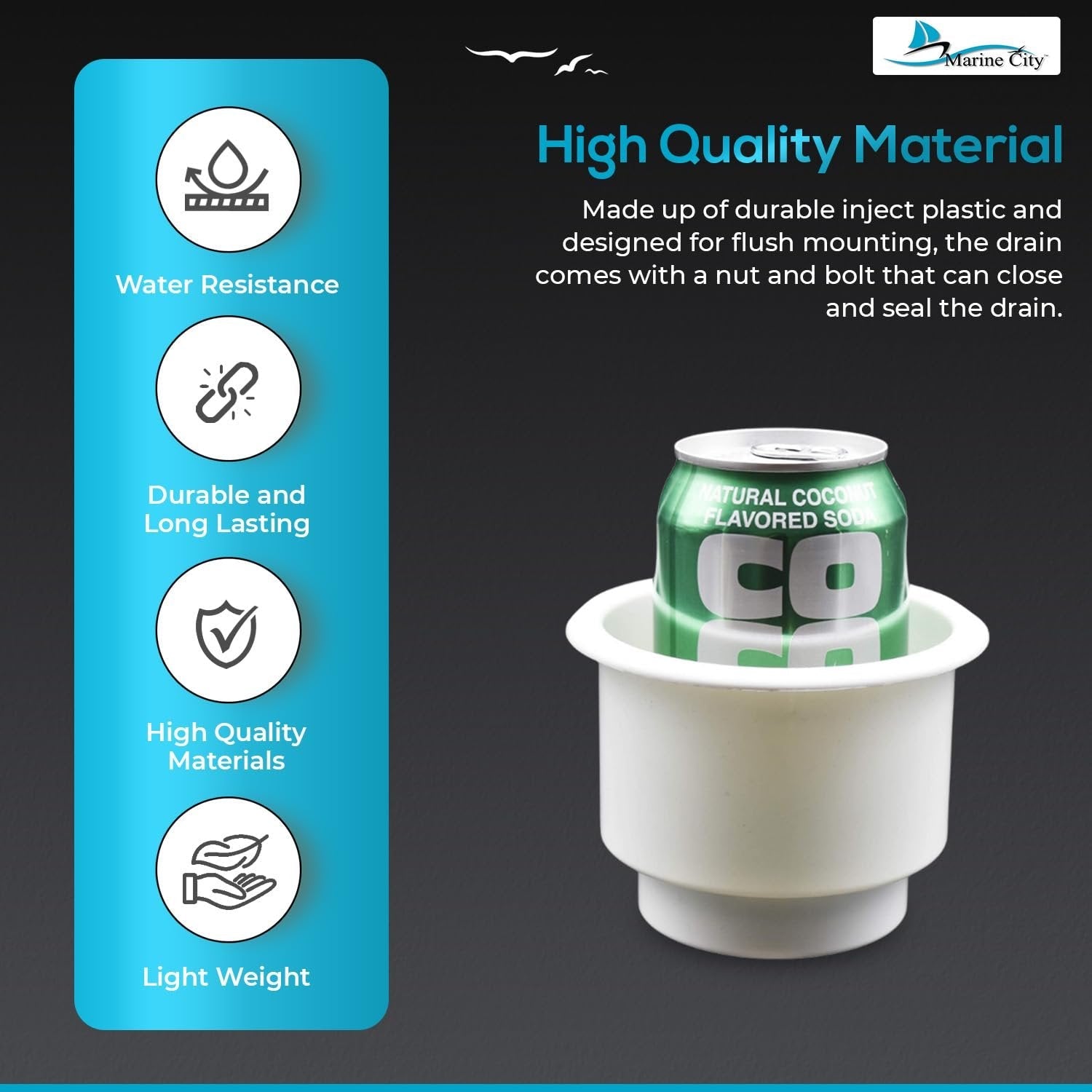 Marine City ABS White Plastic Cup Holder with Center Drain – Flush Mount Holder Marine City