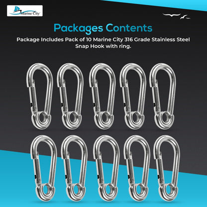 Marine City Stainless Steel Carabiner Clip Snap Hook with Ring 3-1/2” (10 Pcs)