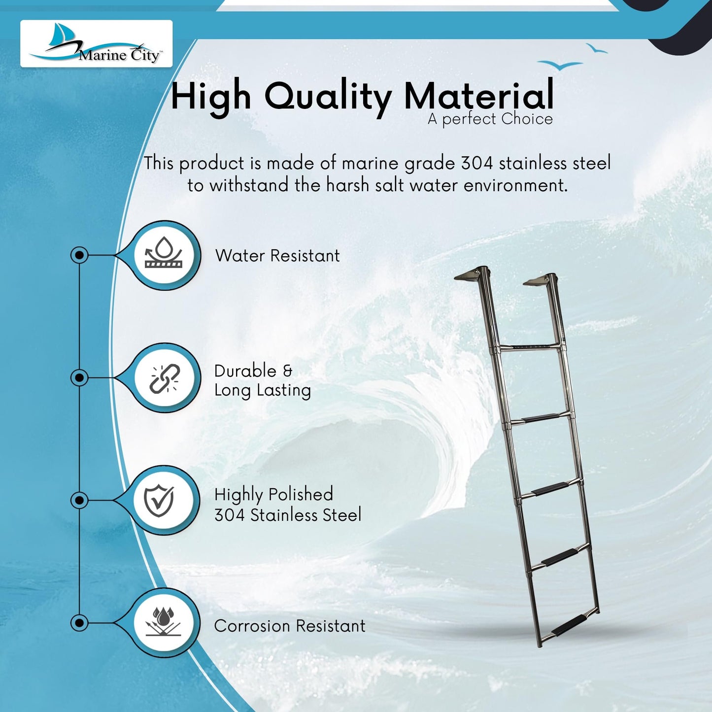 Marine City 5-Step Telescoping Swim Ladder, 304 Stainless Steel, 400 lb Capacity