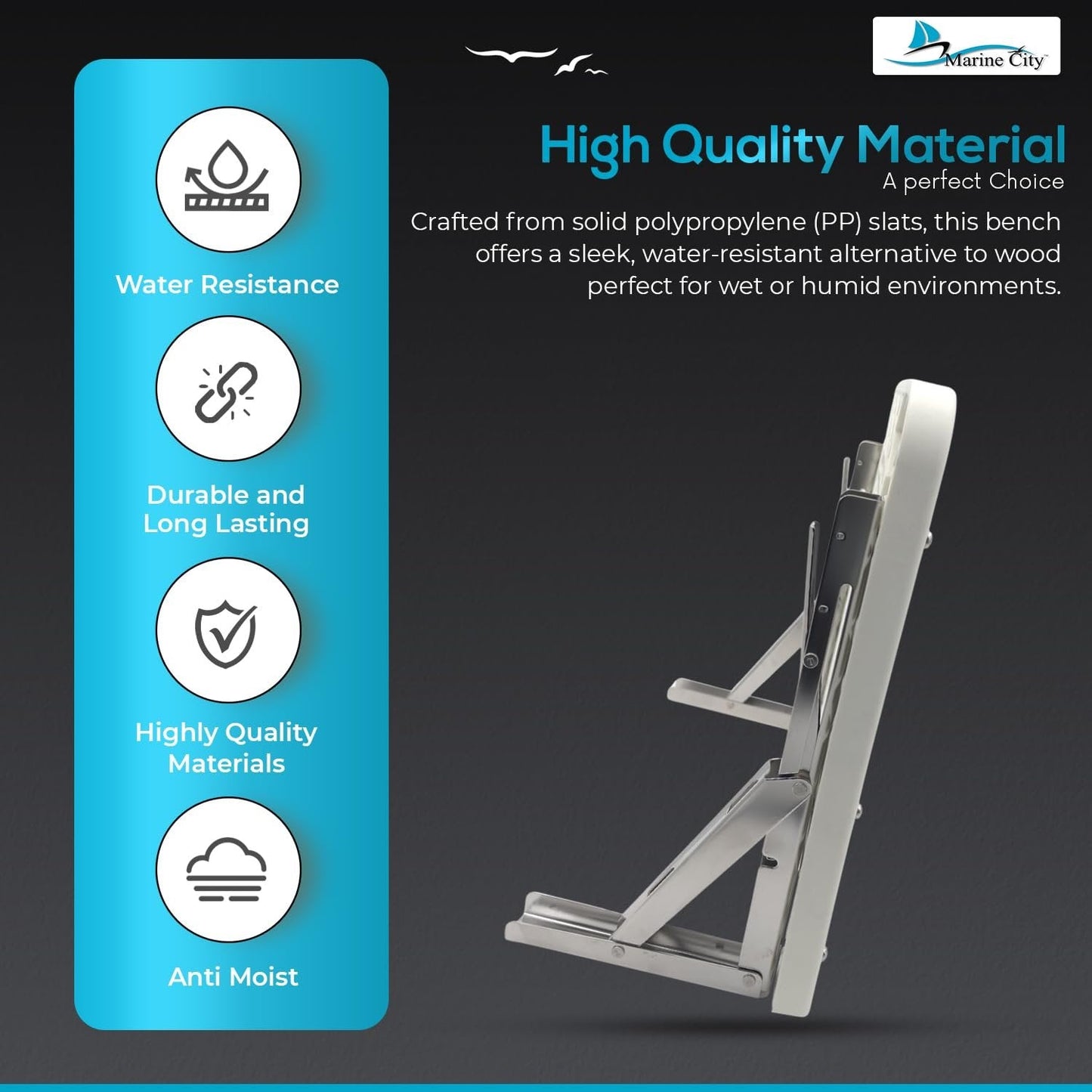 Marine City 18” x 13” Wall-Mount Fold Down Bench – 304 Stainless Steel Brackets MARINE CITY
