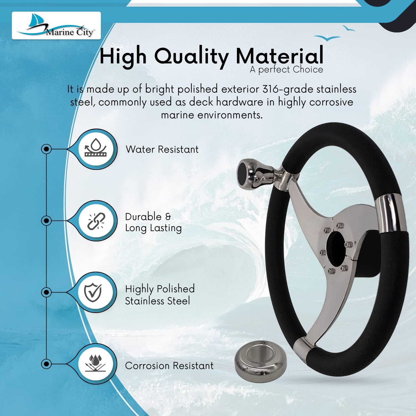 Marine City Sports 3-Spoke Steering Wheel – 316 Stainless Steel, 13-1/2 Inch