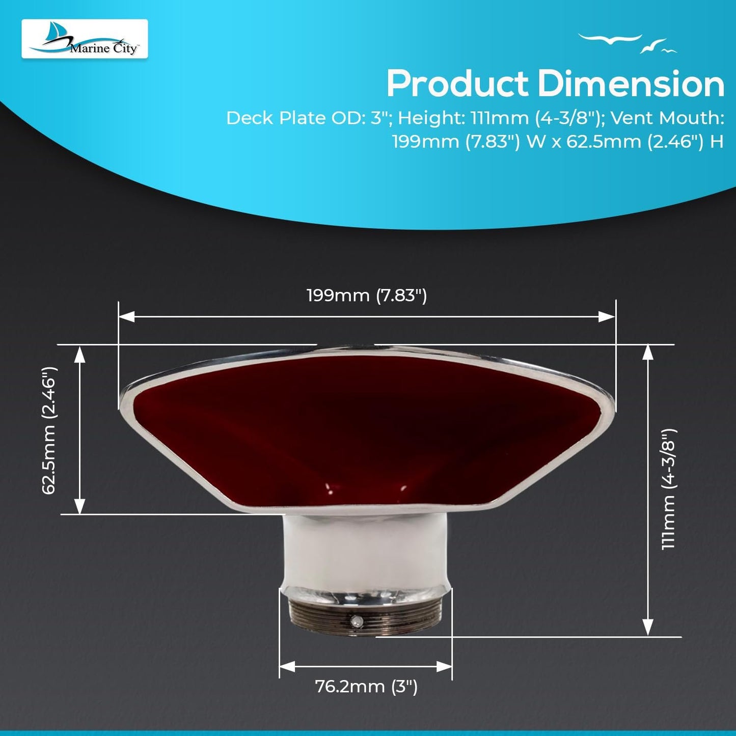 Marine City 3-Inch Rounded Trapezoidal Red Cowl Vent – 316 Stainless Steel