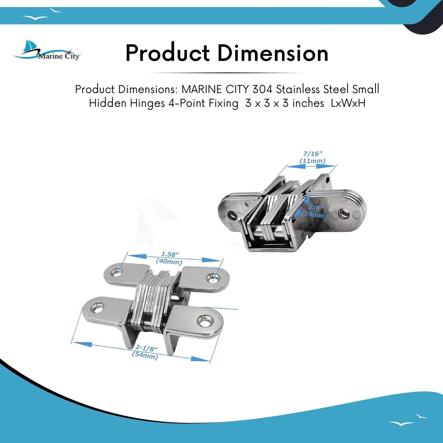 Marine City Small Hidden Hinges – 304 Stainless Steel, 2.125” (Pack of 2)