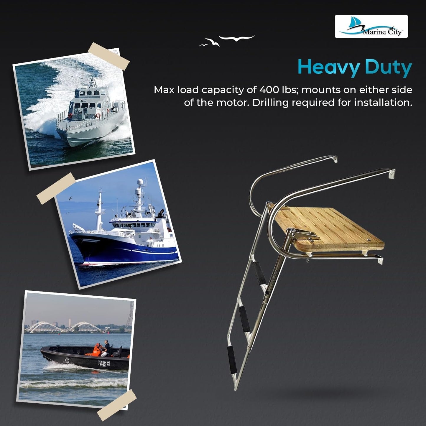 Marine City Stainless Steel Telescoping 3-Step O/B Swim Teak Platform Ladder Marine City Hardware