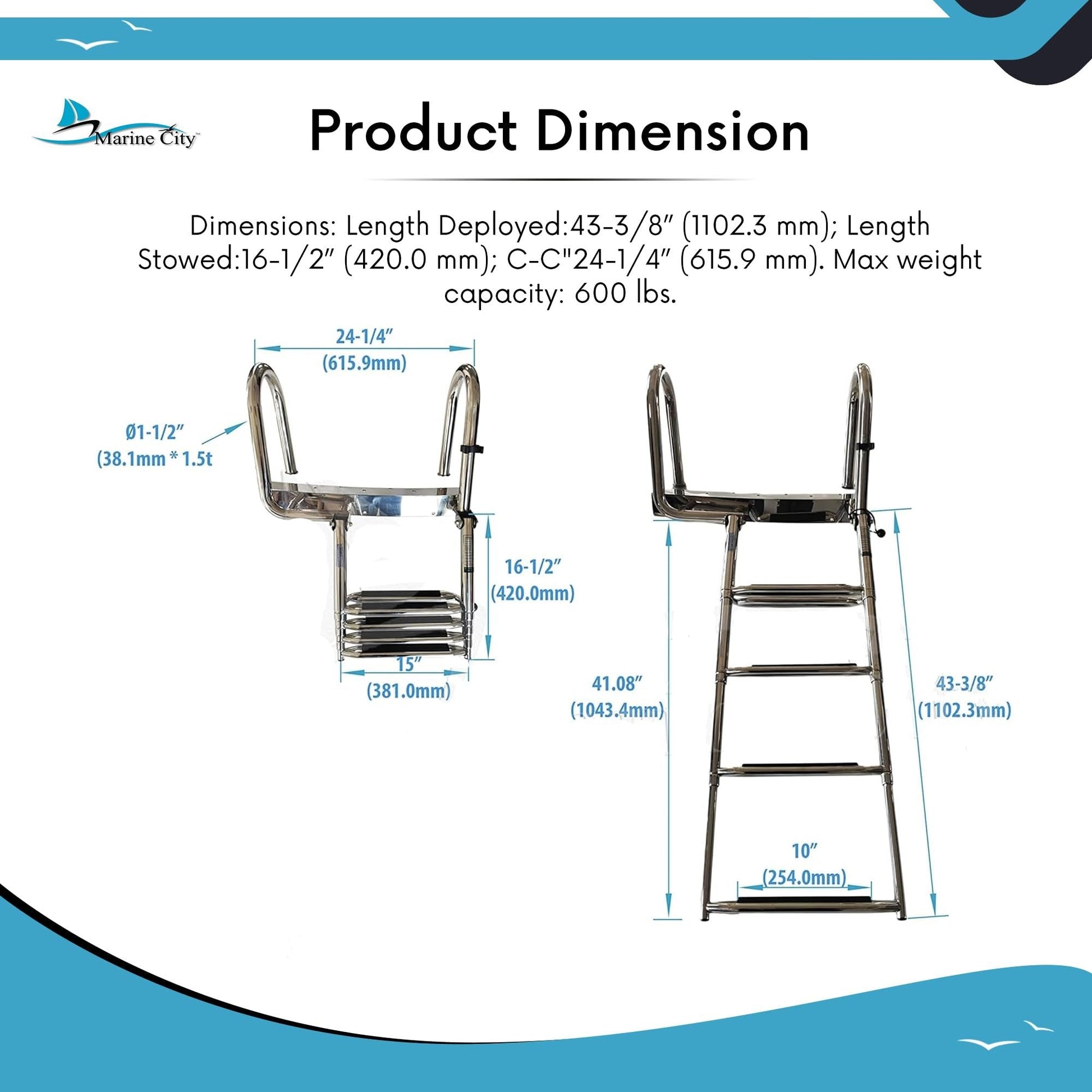 Marine City 4-Step Telescoping Boat Ladder – Stainless Steel, Extra Wide Steps Marine City