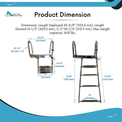 Marine City 4-Step Telescoping Boat Ladder – Stainless Steel, Extra Wide Steps Marine City