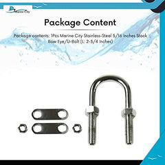 Marine City Bow Eye U-Bolt, 5/16” 304 Stainless Steel, 2-3/4” Length, Heavy Duty