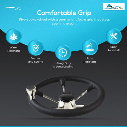 Marine City Volante de acero inoxidable para barco con agarre de espuma negra de 13-1/2 pulgadas con perilla para yate (diámetro: 13-1/2 pulgadas)