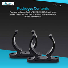 MARINE CITY Black Nylon Ladder Hooks–Spring Clamp Pole Storage Clips (Pack of 2)