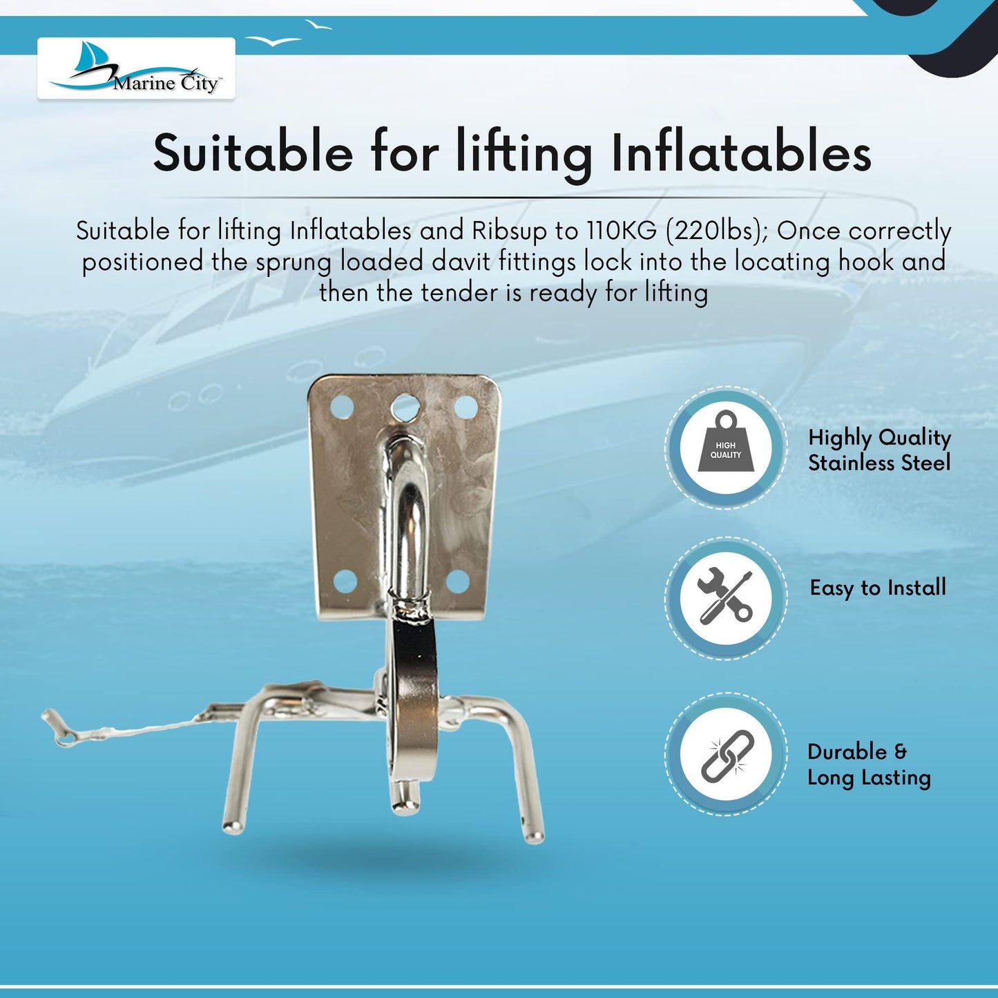 Marine City 316 Acero inoxidable Snap Insta-Lock Quick Davits para bote inflable Kit de sistema de bloqueo instantáneo