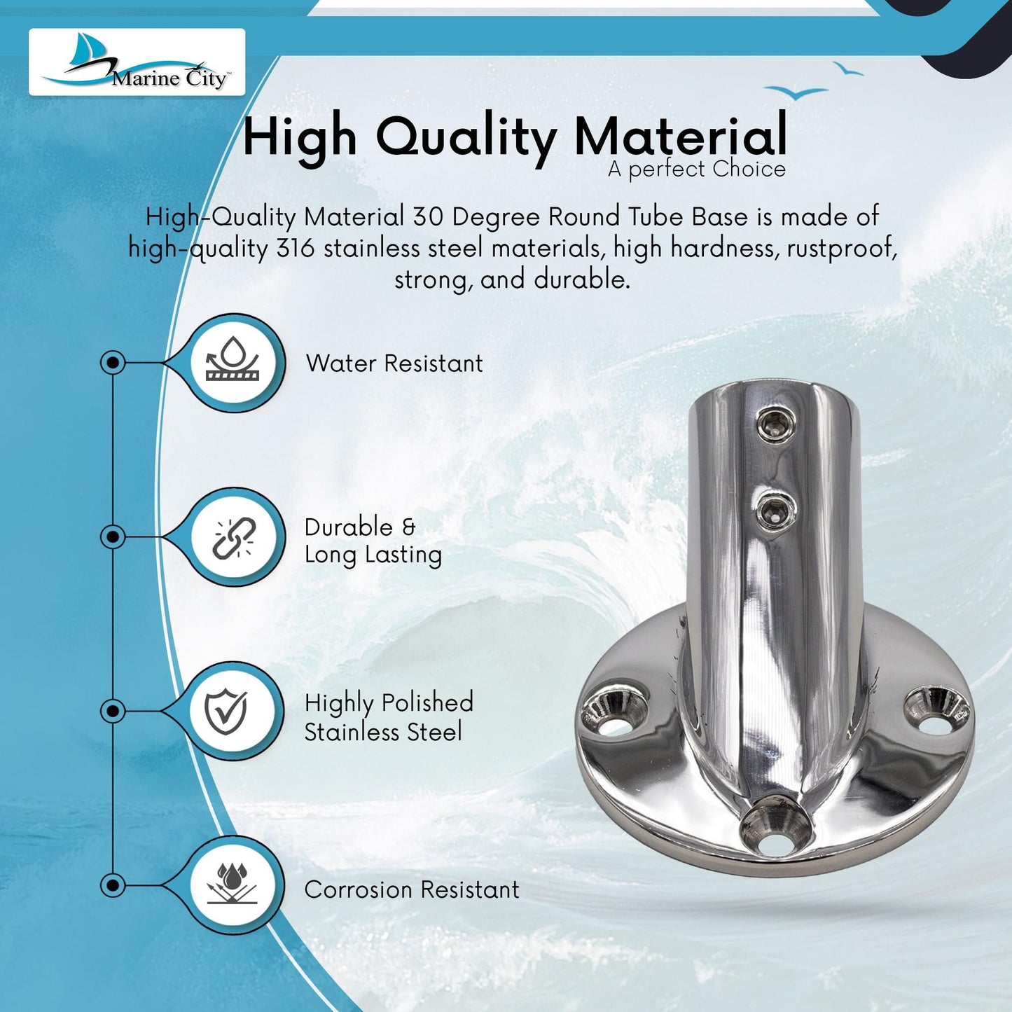 Marine City 30° Casting Boat Hand Railing Round Base – 316 Stainless Steel
