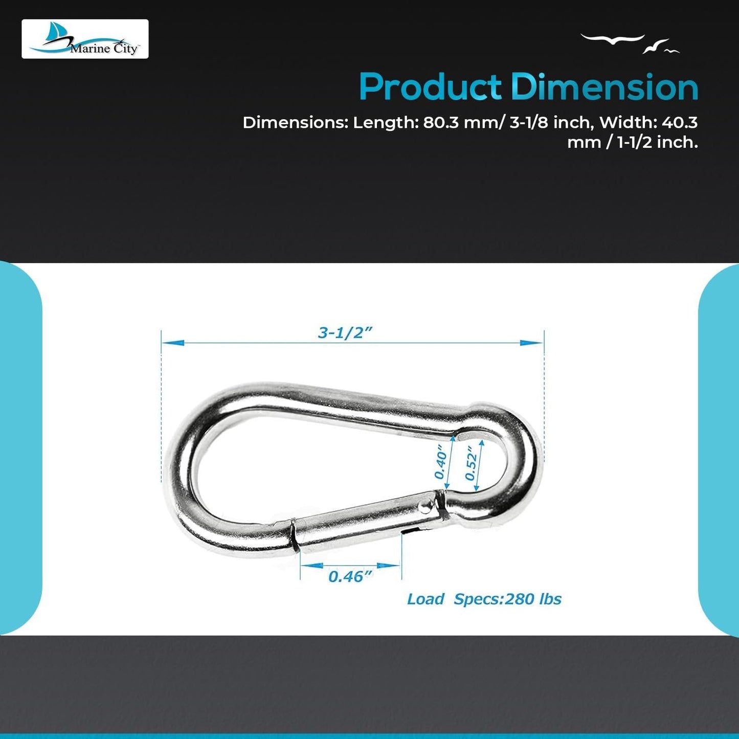 Marine City Carabiner Clip Snap Hook, 316 Stainless Steel, 3-1/2 Inches, Durable MARINE CITY