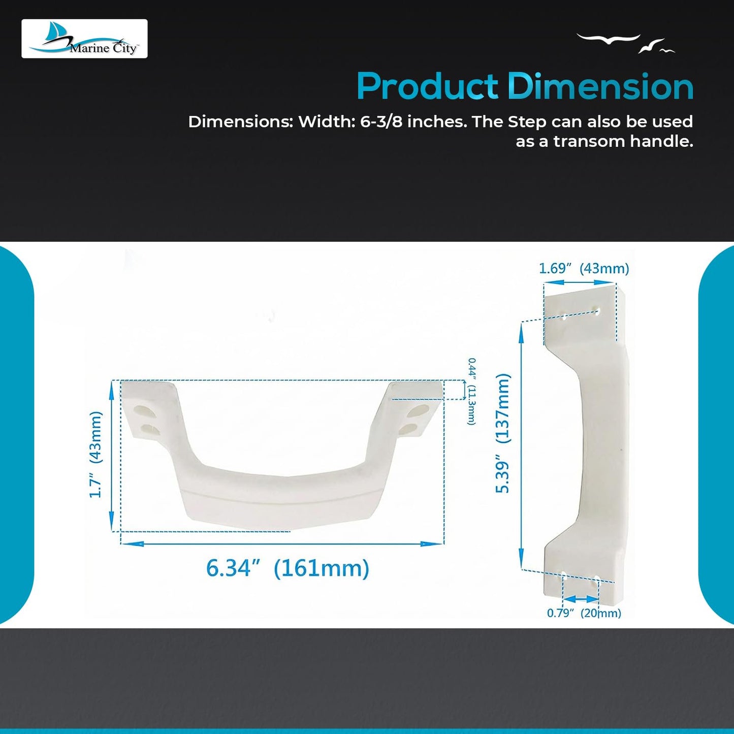 Marine City White Plastic Transom Step Handle – 6-3/8” Width, Glass-Reinforced