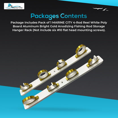 Marine City Carrete de 4 cañas Tablero de poliéster Blanco Aluminio Recubrimiento en Polvo de Oro Brillante Estante de Almacenamiento para cañas de Pescar para Barcos, Furgonetas y Coches