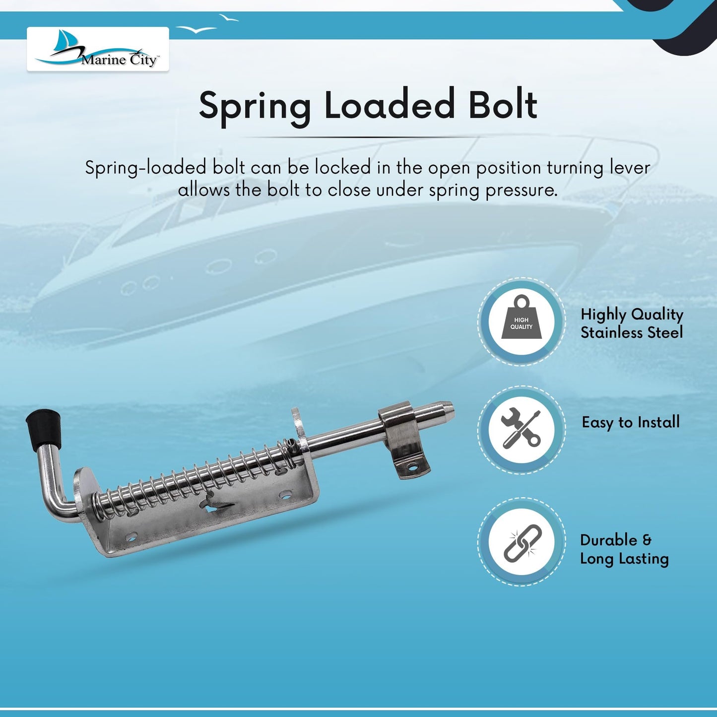 Marine City 8-1/2" Spring Latch Barrel Bolt with Cradle – 304 Stainless Steel