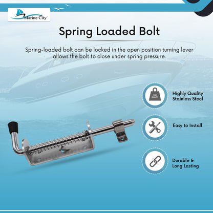 Marine City 8-1/2" Spring Latch Barrel Bolt with Cradle – 304 Stainless Steel
