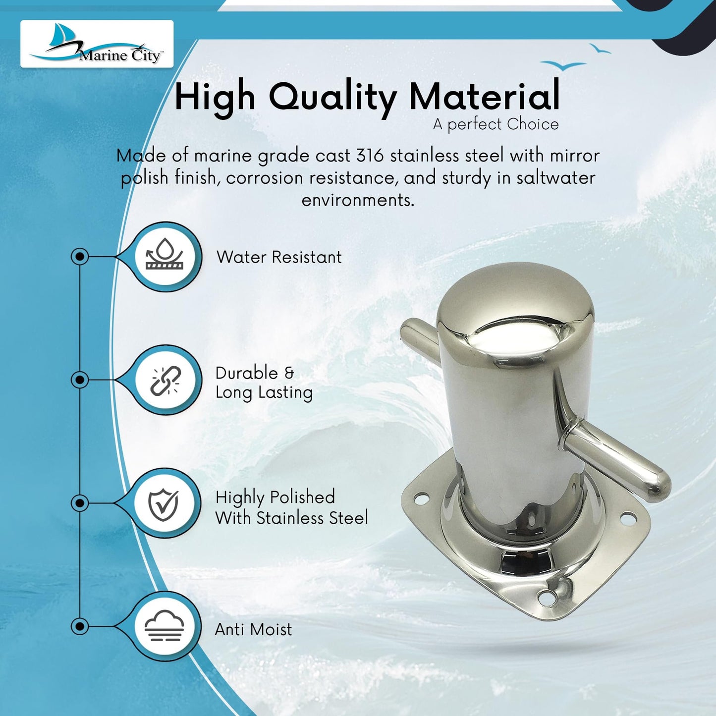 Marine City 316 Stainless Steel Marine Grade Mooring Bollards for Boat Yacht Fishing (7"x 8")