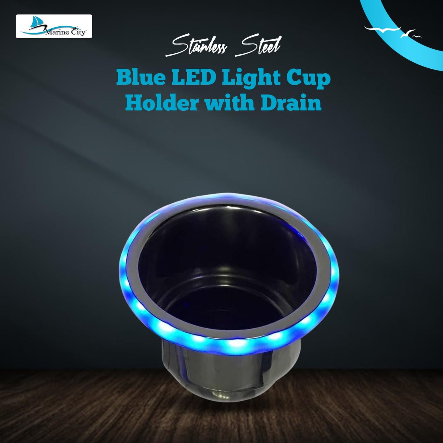 Marine City Anillo de luz LED azul Portavasos de acero inoxidable con drenaje (1 unidad) 