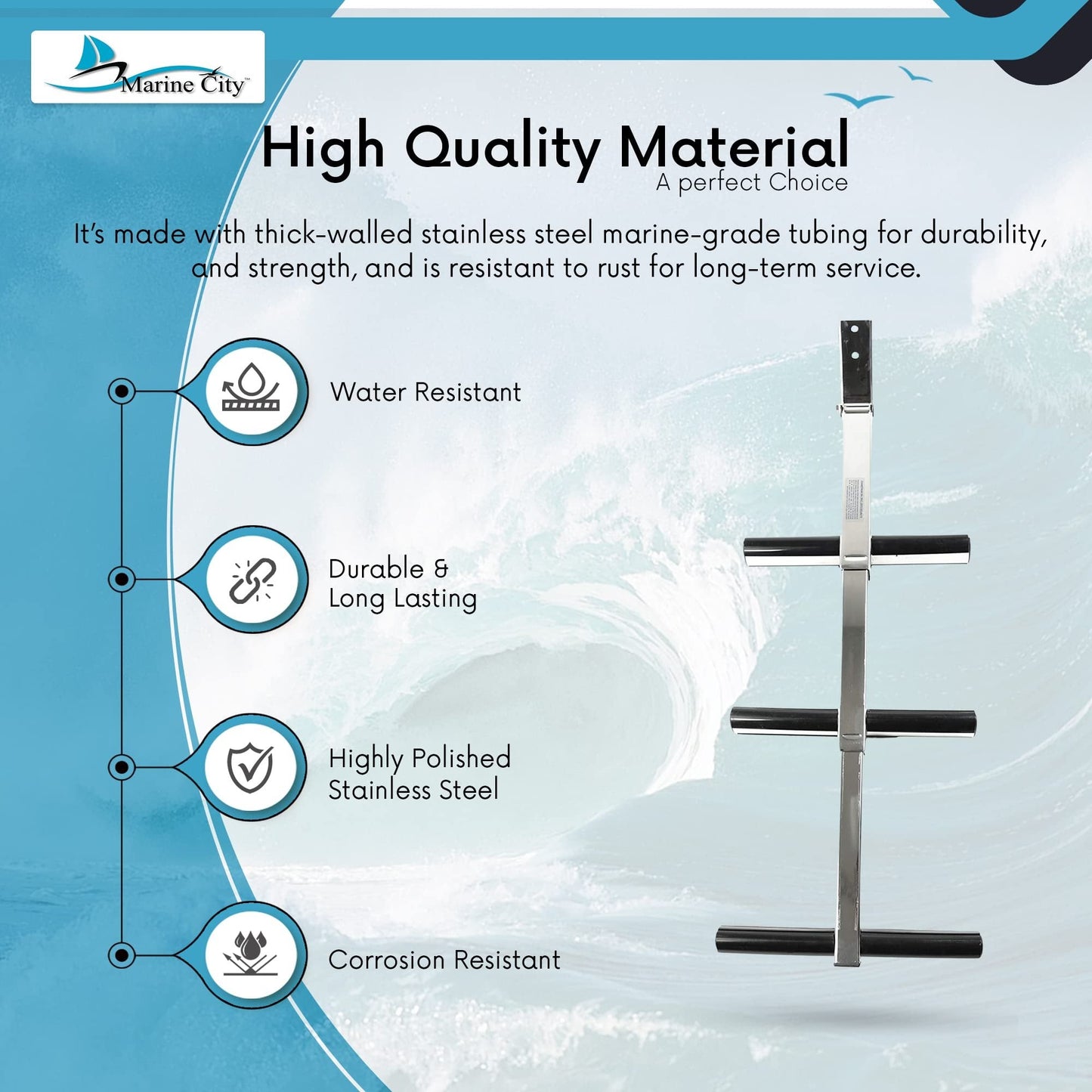 Marine City 3 Step Telescoping Ladder, Stainless Steel, Flip-Up, Anti-Slip Steps Marine City Hardware