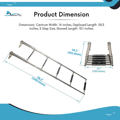 Marine City 5-Step Telescoping Swim Ladder, 304 Stainless Steel, 400 lb Capacity