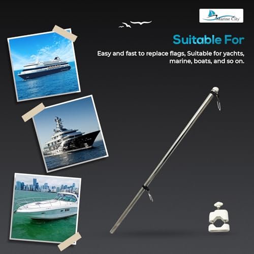 Marine City Rail Mount Flag Staff & 21" Flagpole–304 Stainless Steel, White Base Marine City