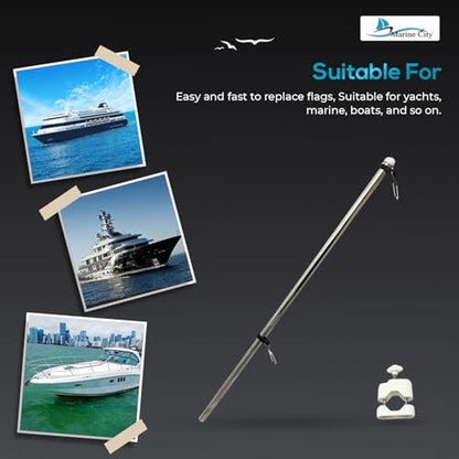 Marine City Rail Mount Flag Staff & 21" Flagpole–304 Stainless Steel, White Base Marine City