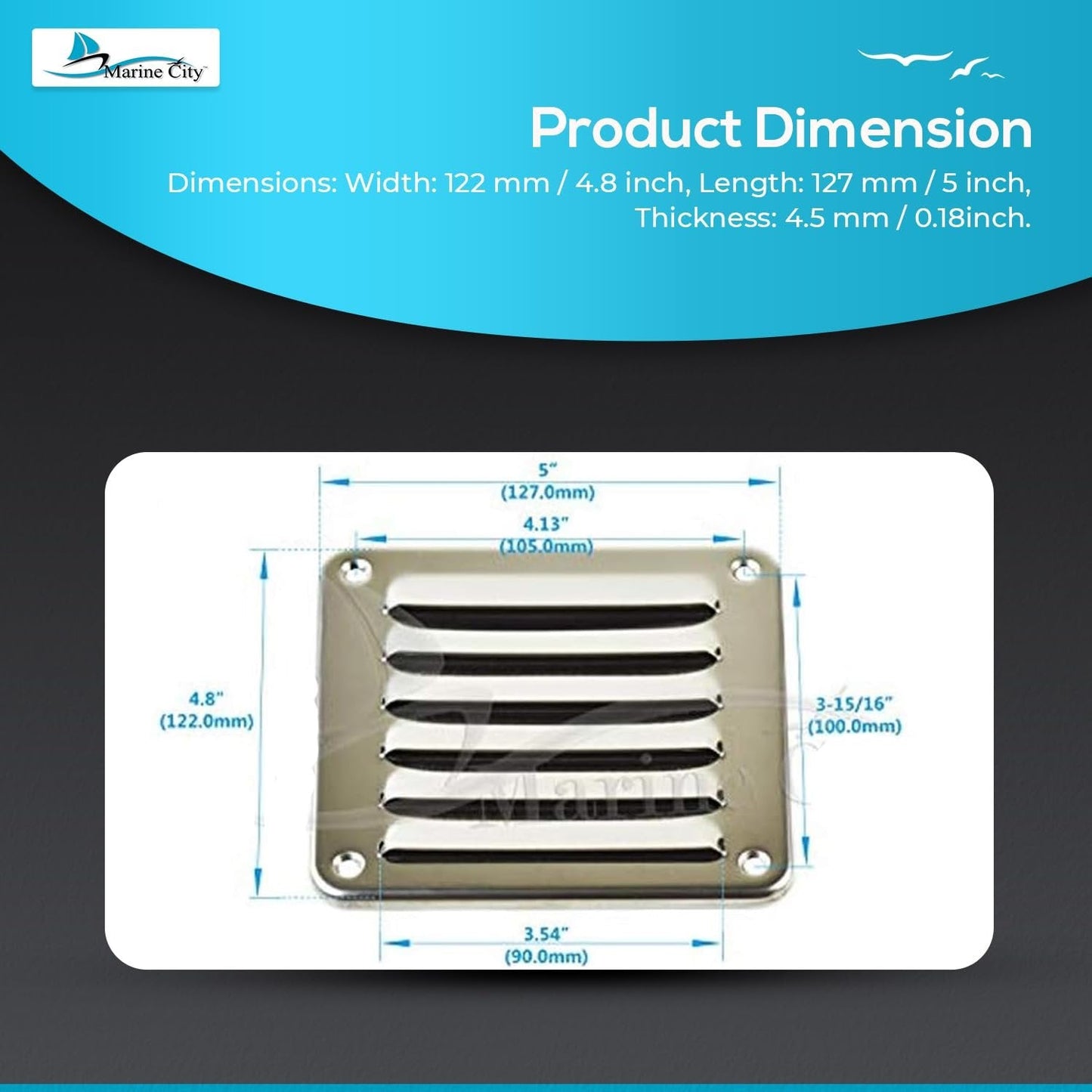 MARINE CITY Rectangle Stamped Louvered Vent – 316 Stainless Steel, 4-13/16” × 5” MARINE CITY