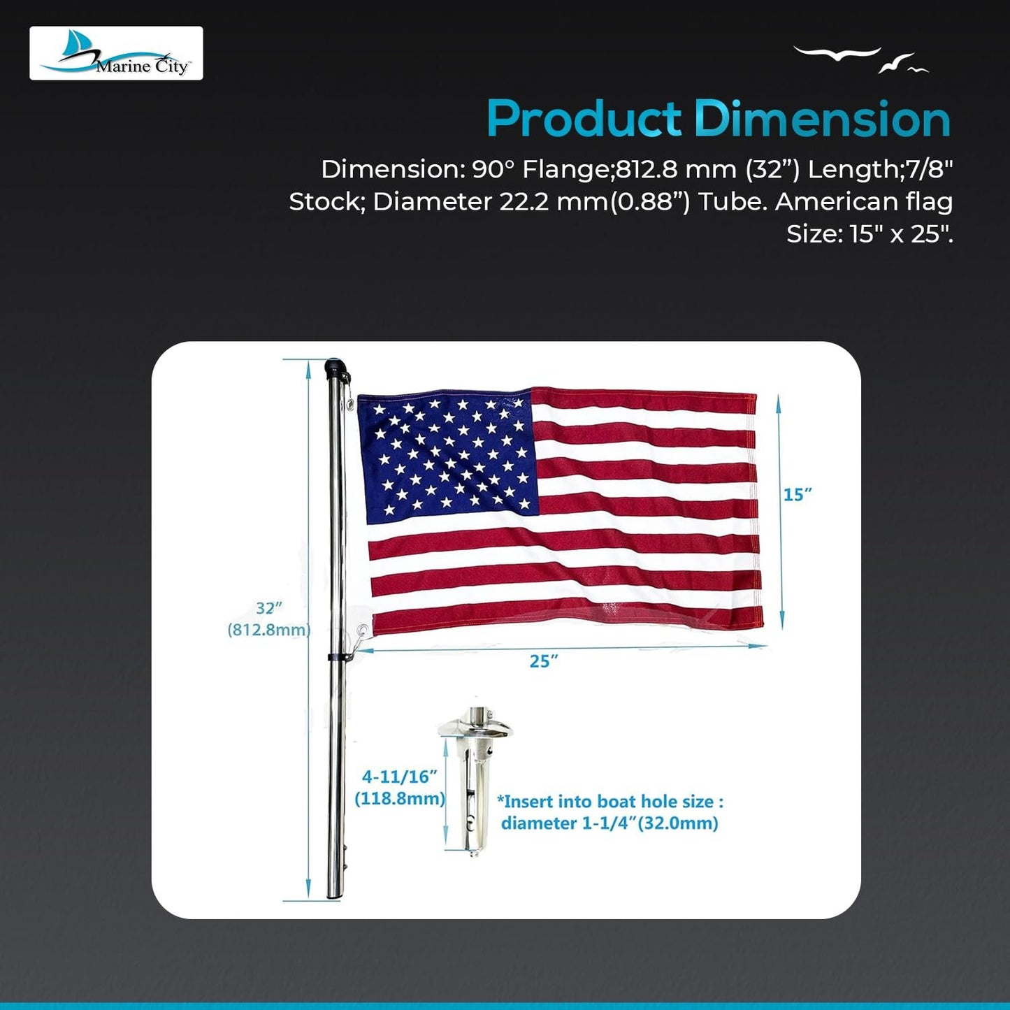 MARINE CITY 304 Grade Stainless Steel Spring Mounting Socket and 32 Inches Flag Stanchion Pole with US Flag Bright Polished Rail Mounted for Marines – Boats – Yachts – Ships – RVs (Pack of 1)