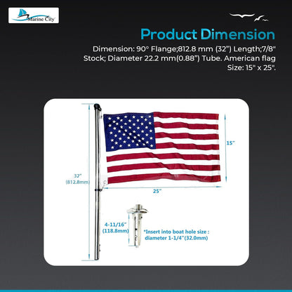 MARINE CITY 304 Grade Stainless Steel Spring Mounting Socket and 32 Inches Flag Stanchion Pole with US Flag Bright Polished Rail Mounted for Marines – Boats – Yachts – Ships – RVs (Pack of 1)