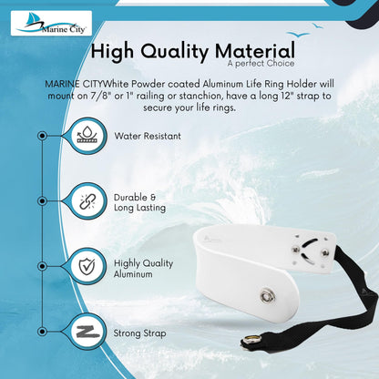 MARINE CITY White Powder Coated Aluminum Life Ring Holder–Fits 7/8” to 1” Rails