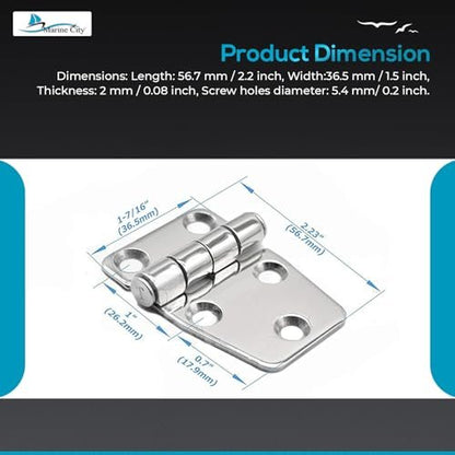 Marine City Stainless Steel Short Sided Strap Hinges  (2.2” × 1.5”) (2 Pcs)