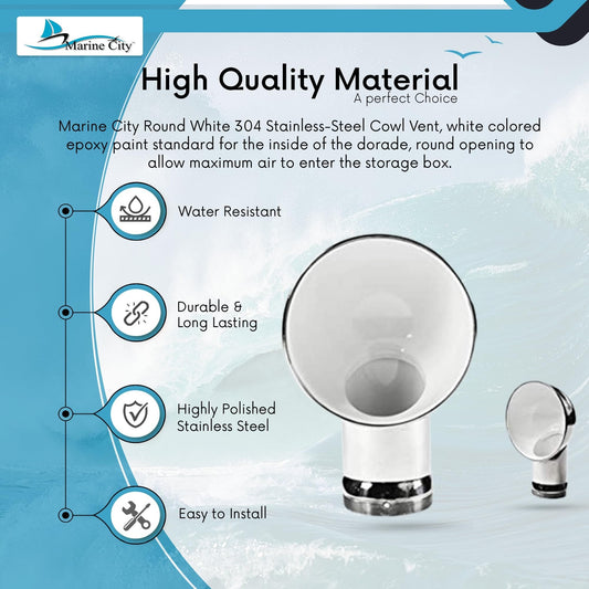 Marine City 3-Inch Round White Cowl Vent 304 Stainless Steel, Corrosion-Resistant Marine City