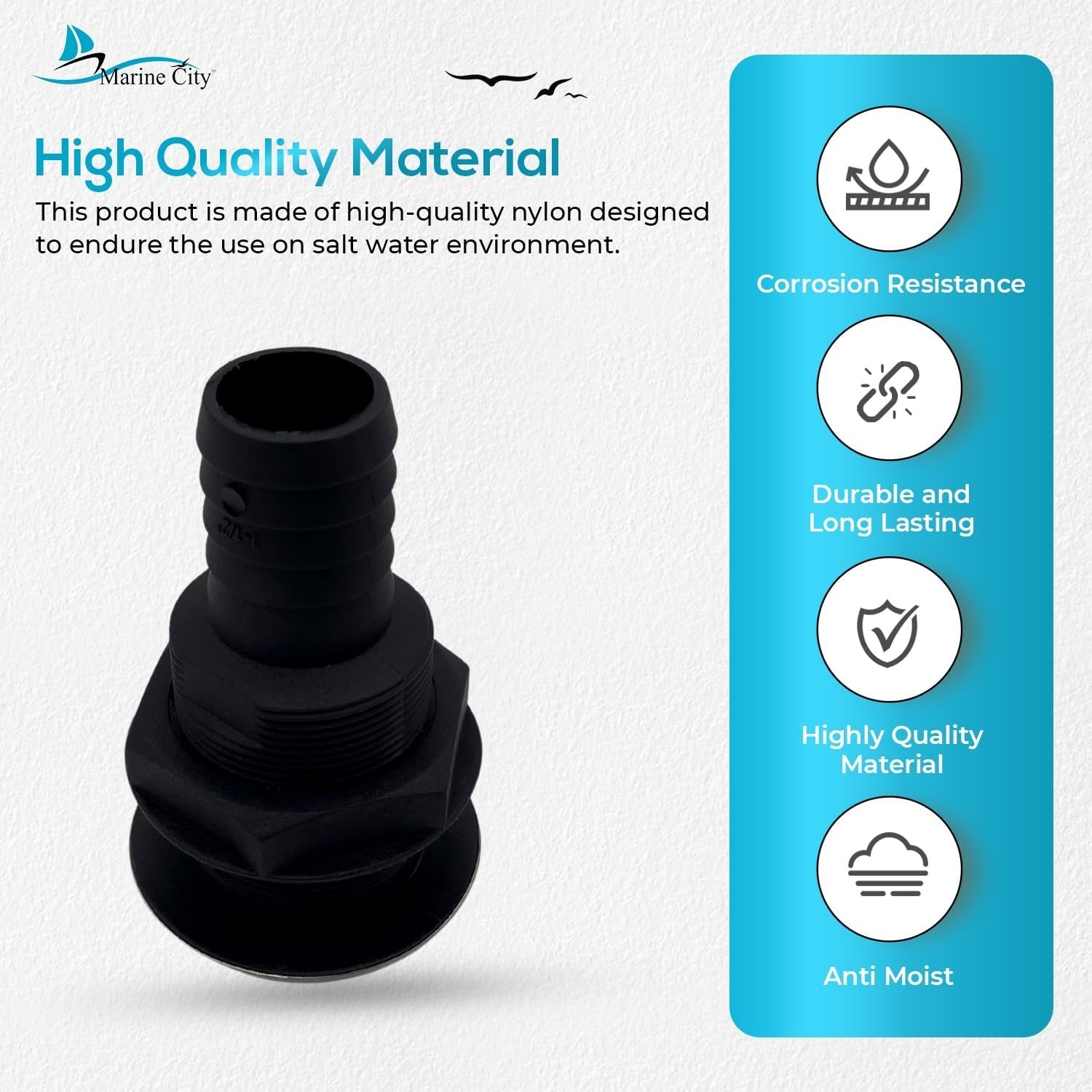 Marine City 3.25” Nylon Thru-Hull Fitting, Stainless Steel Trim & Rubber Flapper MARINE CITY