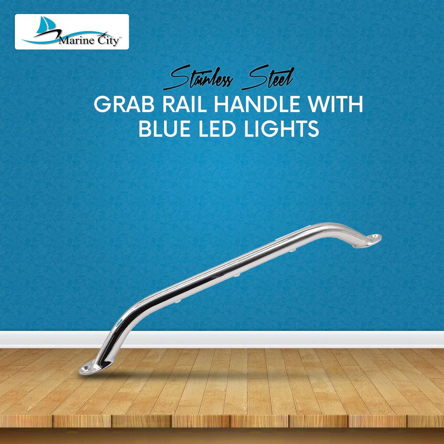 Marine City 18-Inch Grab Rail Handle with 3 Blue LED Lights–304 Stainless Steel
