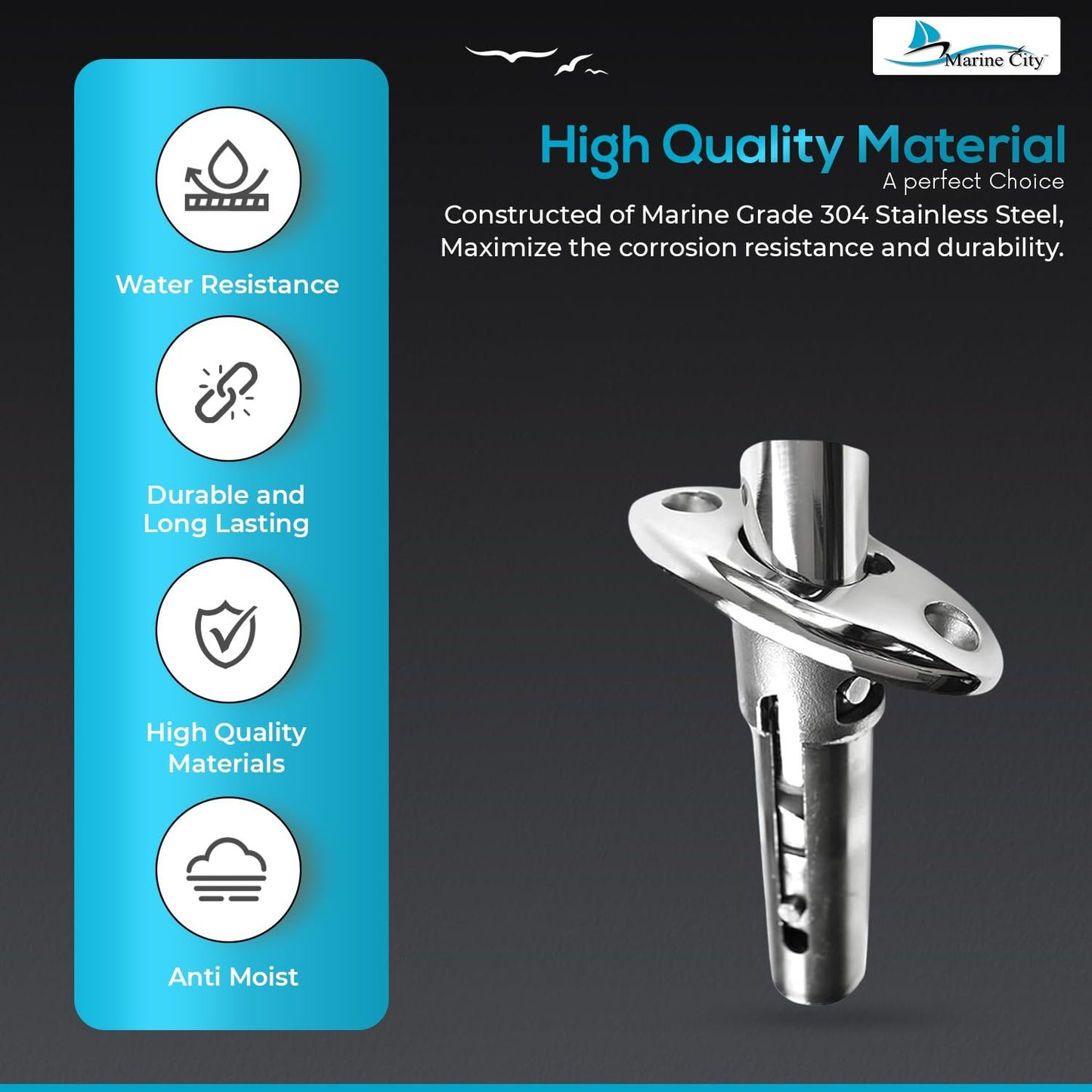 Marine City Flag Staff Adjustable Stanchion Socket – 316 Stainless Steel