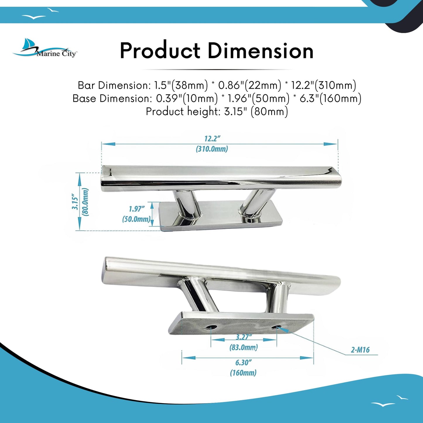 MARINE CITY Taco de amarre elegante de acero inoxidable de grado 316, resistente, 12 pulgadas, con base plana para infantes de marina, barcos, caravanas, automóviles, remolques (paquete de 1)