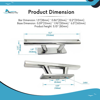 MARINE CITY Taco de amarre elegante de acero inoxidable de grado 316, resistente, 12 pulgadas, con base plana para infantes de marina, barcos, caravanas, automóviles, remolques (paquete de 1)
