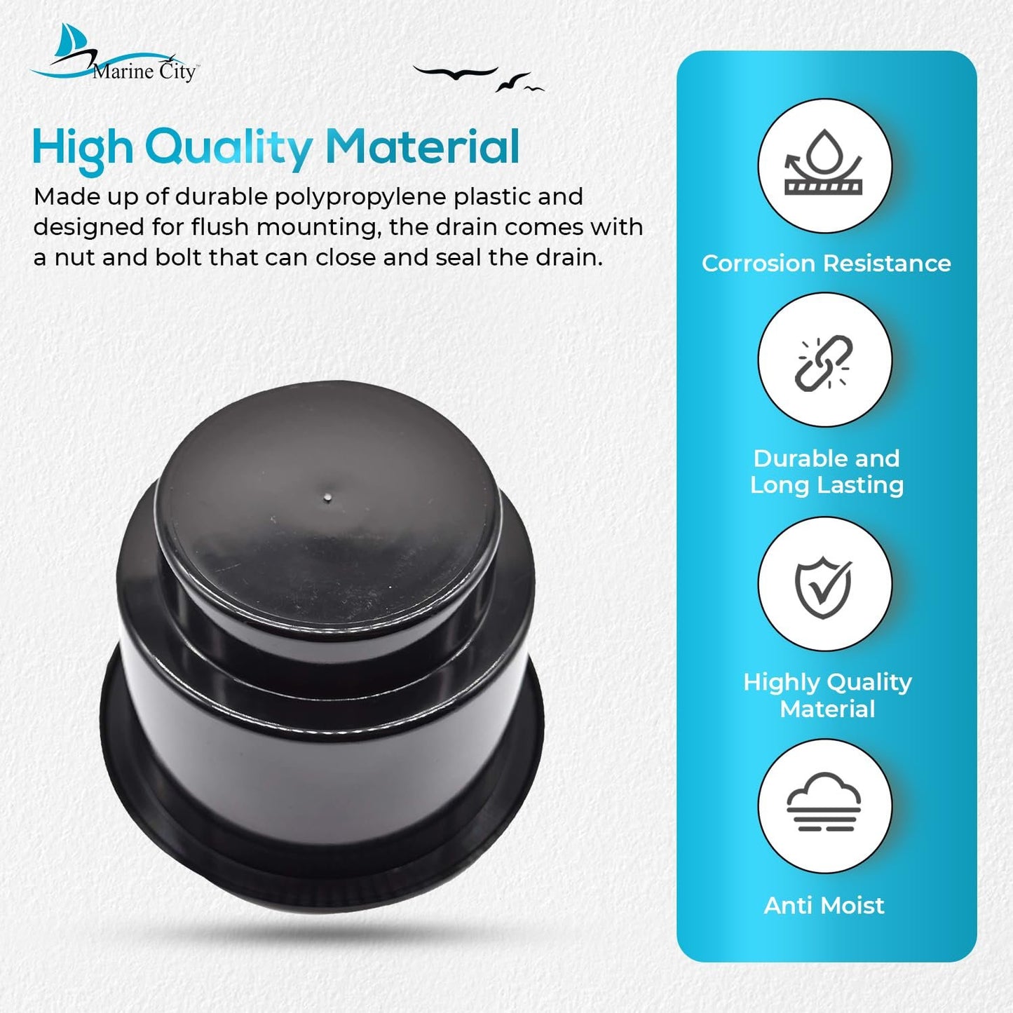 Marine City Black Closeable Plastic Cup Holder with Drain – Flush Mount Design