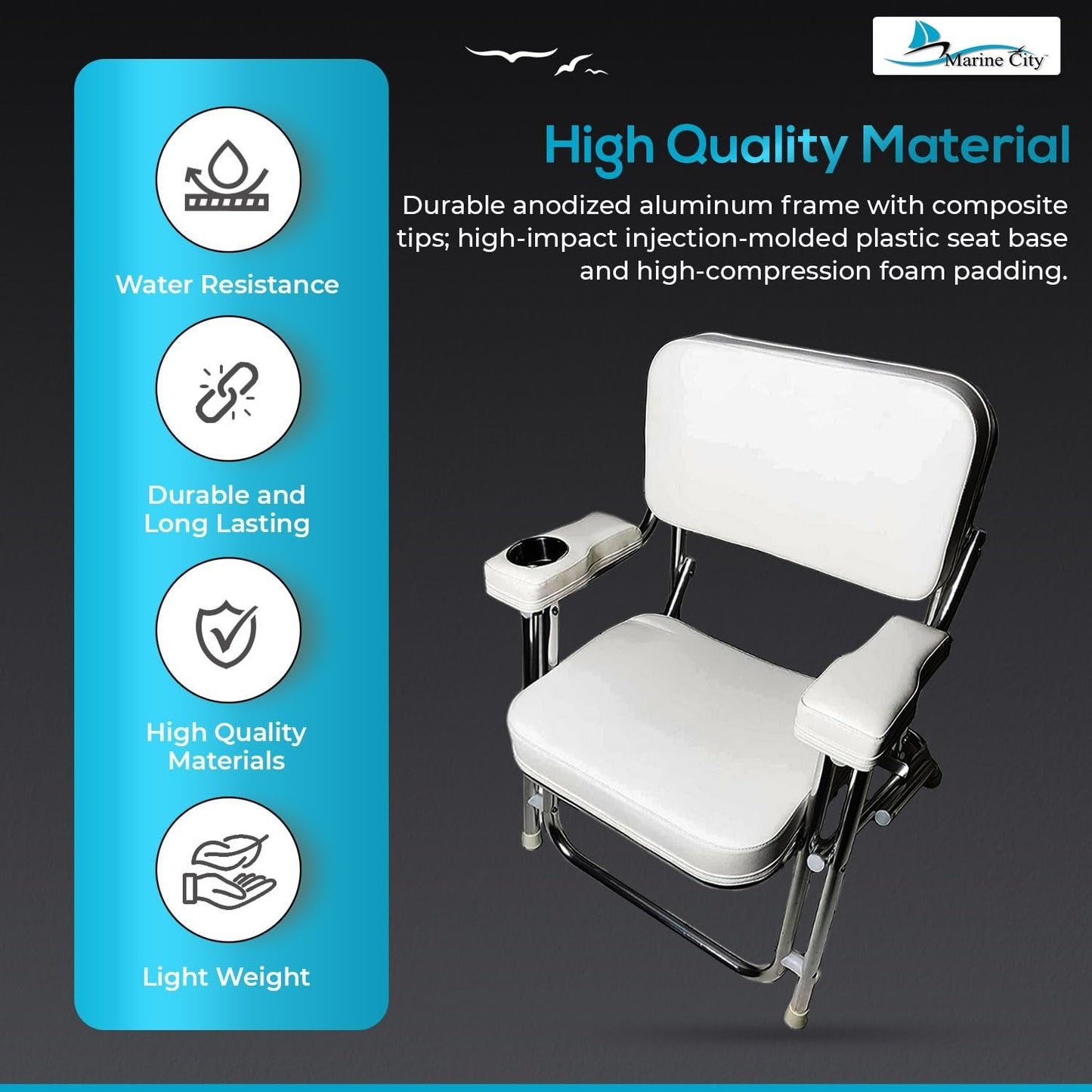 Marine City Aluminum Folding Deck Chair Cushioned Foam Seat with Drink Cup Holder MARINE CITY