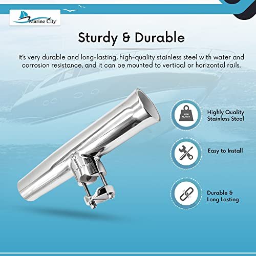 Marine City Stainless Steel Adjustable Clamp-On Fishing Rod Holder–Mirror Finish Marine City