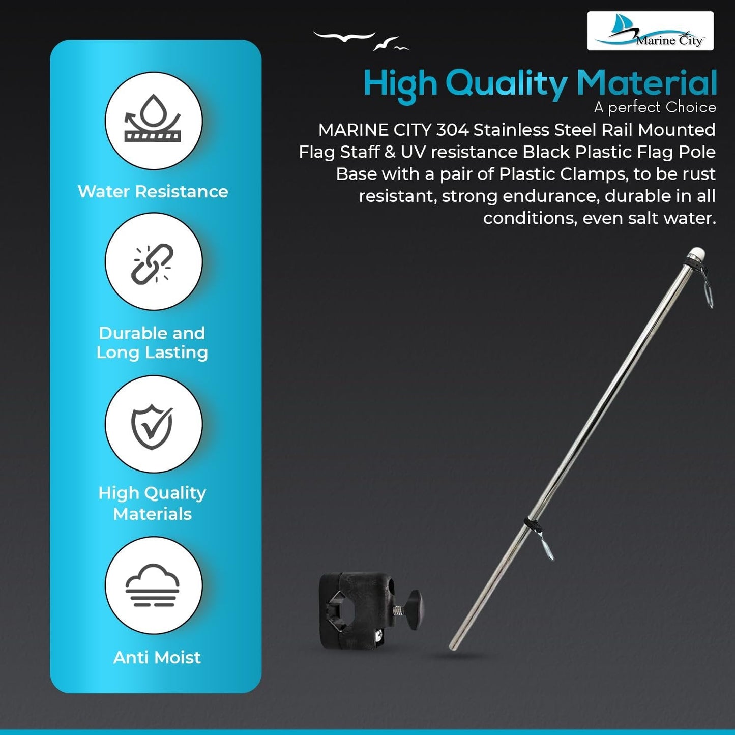 Marine City 21" Rail Mounted Flag Staff – 304 Stainless Steel, with US Flag Marine City