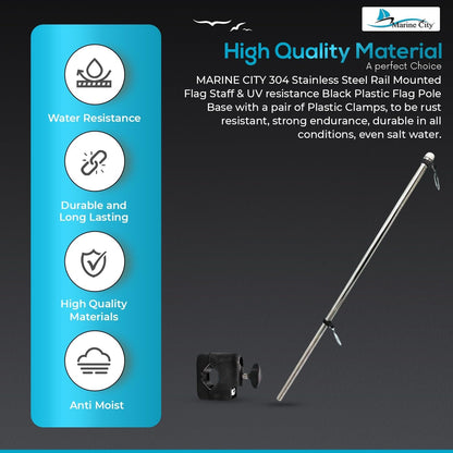 Marine City 21" Rail Mounted Flag Staff – 304 Stainless Steel, with US Flag Marine City