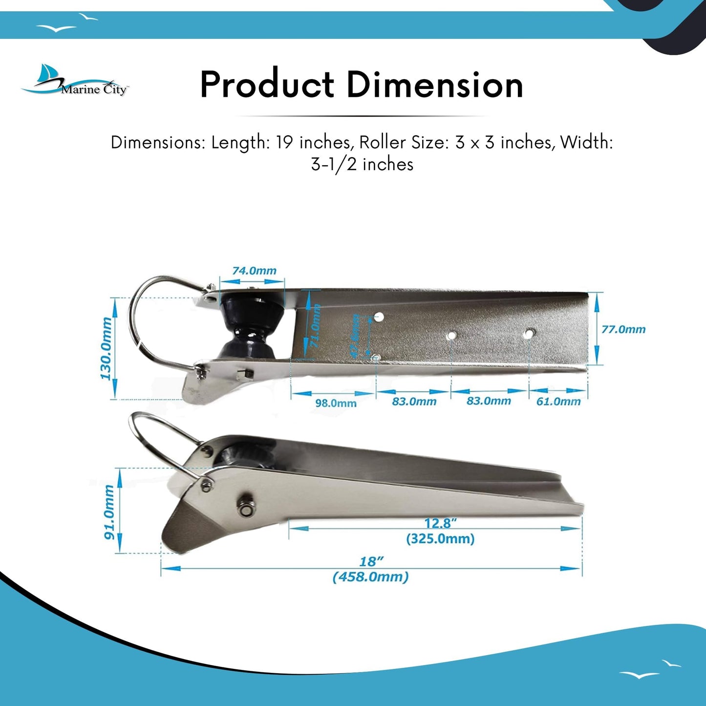 Marine City Stainless Steel Anchor Roller Bracket 19” Bow Mount with Rubber Roller
