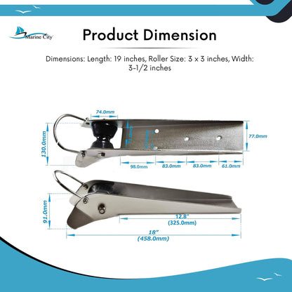 Marine City Stainless Steel Anchor Roller Bracket 19” Bow Mount with Rubber Roller