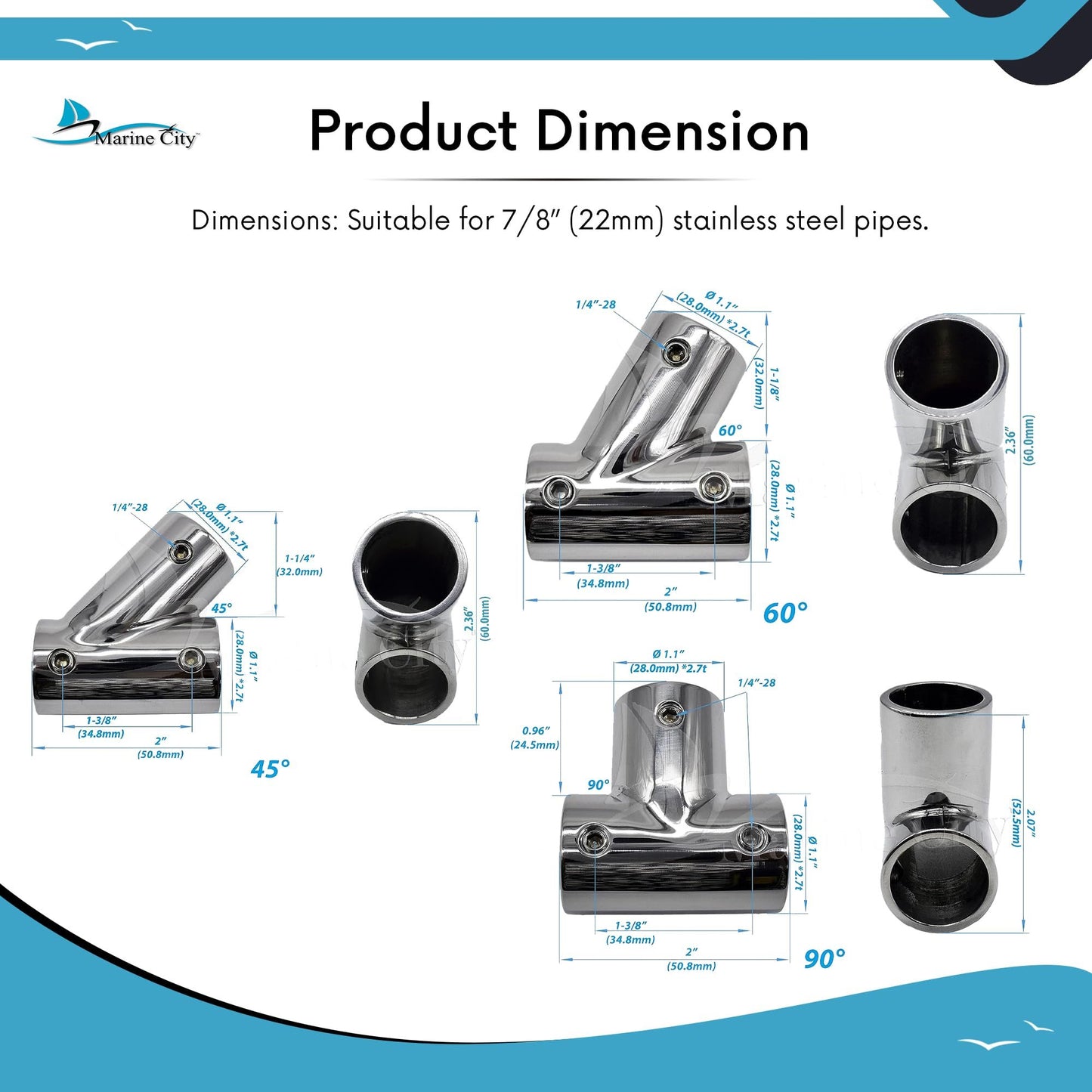 Marine City 304 Stainless Steel Tee Connector Hand Rail Fittings – (Pack of 2)