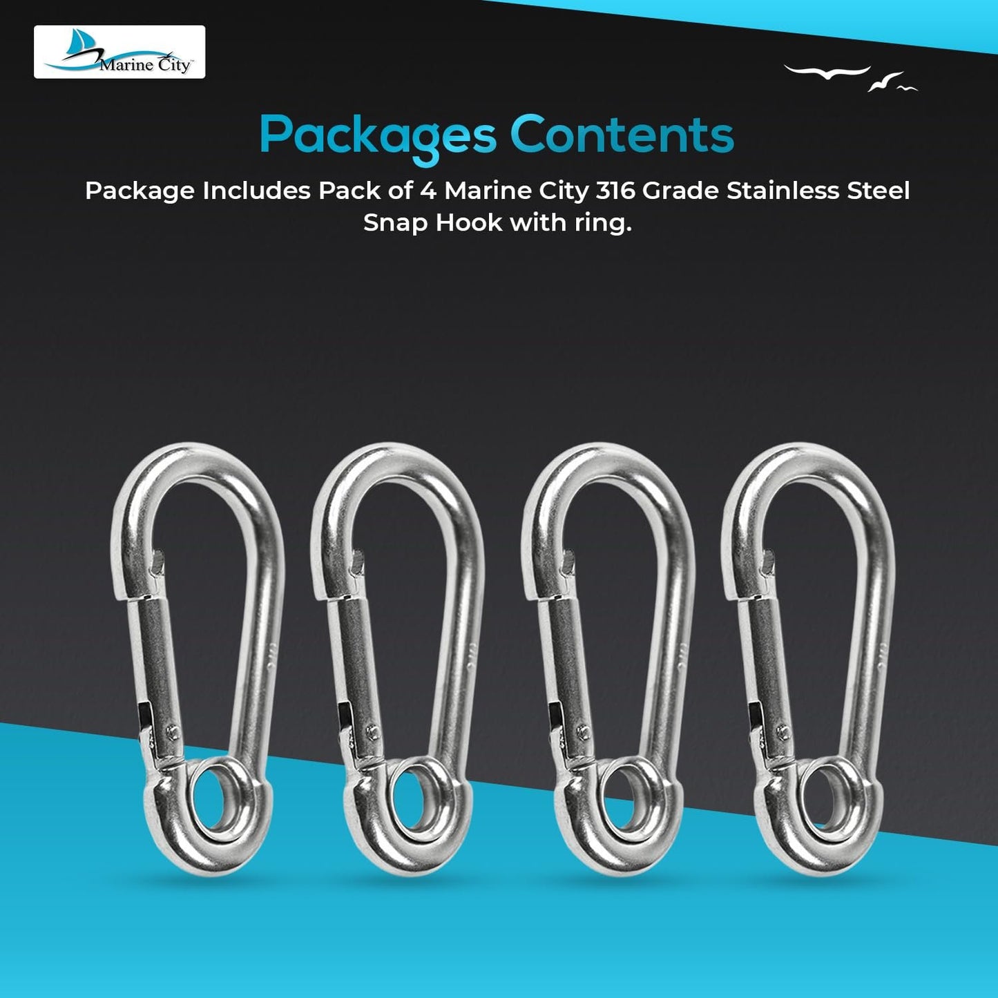 Marine City Carabiner Clip Snap Hook with Ring – Stainless Steel, 2-3/8" (4 Pcs)