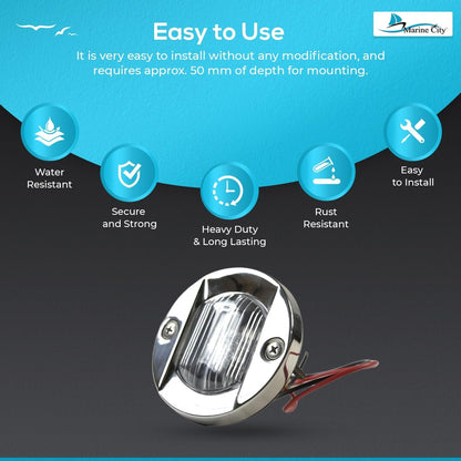 Marine City Flush Mount White LED Caution Light 3", 12V 18W, 304 Stainless Steel Marine City Hardware
